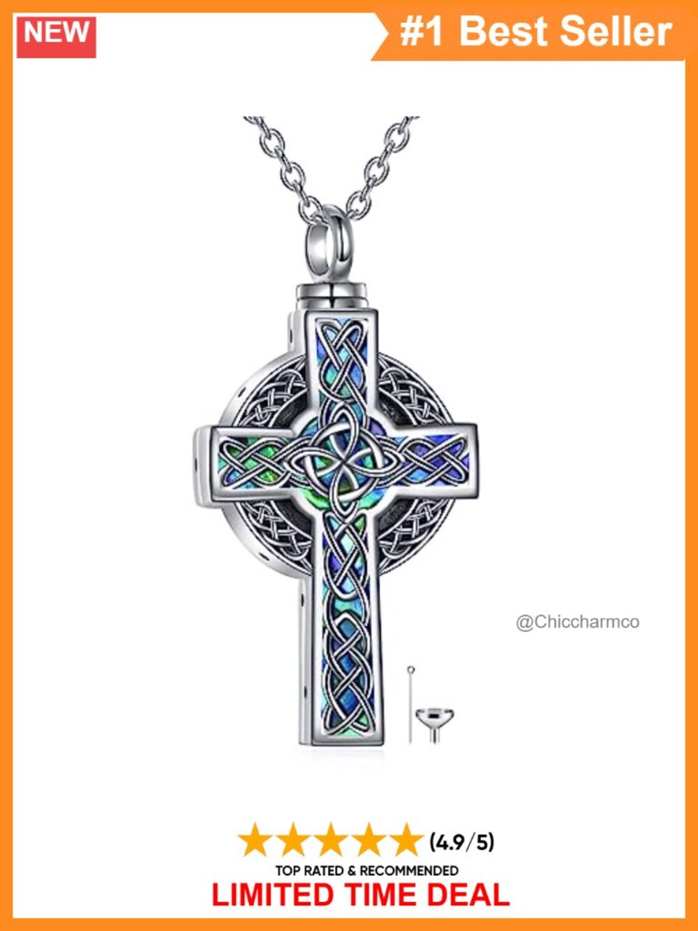 Sterling Silver Celtic Cross Urn Necklace Abalone Shell Ashes Pendant
